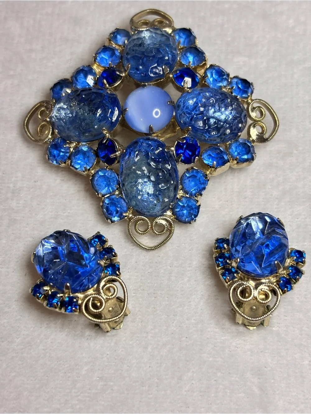 Vintage Czech Style Blue Art Glass Rhinestone Brooch & Clip Earrings Set